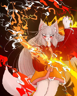angry anthro asian_clothing clothing east_asian_clothing female fire fur hair japanese_clothing kimono long_hair looking_at_viewer pawpads red_clothing red_eyes red_kimono red_pawpads solo superpowers tail white_body white_fur white_hair white_tail maxhappy angry_fox_(maxhappy) canid canine fox mammal absurd_res hi_res