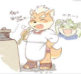 anthro apron blush chibi clothed clothing cute_fangs duo fangs fur green_body green_fur humanoid_hands kemono male orange_body orange_fur robe slightly_chubby teeth text fuyoudo624 the_spicy_ninja_scrolls shichimi_(the_spicy_ninja_scrolls) wasabi_(the_spicy_ninja_scrolls) canid canine canis domestic_dog mammal 2020 japanese_text