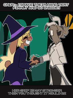 anthro clothing duo eyewear female gesture glasses handshake hat headgear headwear holidays smile smiling_at_another text witch_costume witch_hat corruptedcryptid halloween nintendo pokemon hint_(corruptedcryptid) penny_(corruptedcryptid) generation_4_pokemon generation_7_pokemon lopunny mimikyu pokemon_(species) 3:4 english_text hi_res trans_(lore) trans_woman_(lore)