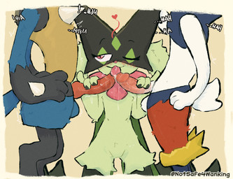 3_fingers ambiguous_gender animal_genitalia animal_penis anthro balls blue_balls blush bodily_fluids canine_genitalia canine_penis clothing double_fellatio double_oral duo erection featureless_crotch fellatio fingers fur genital_fluids genitals glans green_body green_fur group group_sex hair humanoid_genitalia humanoid_penis knot looking_at_viewer male male/ambiguous male/male nude nude_anthro nude_male open_mouth oral penetration penile penis pink_glans pink_penis sex simple_background slim slim_ambiguous slim_anthro tail text threesome trio white_balls white_body white_fur notsafeforwanking nintendo pokemon canid canine cinderace felid feline generation_4_pokemon generation_8_pokemon generation_9_pokemon lagomorph lucario mammal meowscarada pokemon_(species) digital_media_(artwork) hi_res