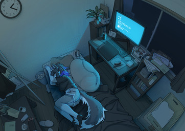 anthro bed bedroom black_clothing black_ears black_footwear black_hair black_shirt black_socks black_topwear blue_eyes blue_highlights blue_screen_of_death bottomwear clock clothed clothing computer computer_keyboard countershade_face countershade_fur countershade_tail countershading dark_lighting drawing_tablet electronics female footwear fur furniture grey_body grey_fur grey_tail hair highlights_(coloring) lying lying_on_bed monitor on_bed on_side phone shirt shorts socks solo tail topwear white_body white_fur white_tail ayabemiso nintendo nintendo_switch canid canine canis mammal wolf hi_res