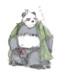 anthro balls belly black_body black_fur blush clothed clothing erection fur genitals kemono male masturbation navel open_clothing open_robe overweight overweight_male penis robe simple_background solo text white_background white_body white_fur snow_utamaru nintendo pokemon generation_6_pokemon pangoro pokemon_(species) 2014 japanese_text