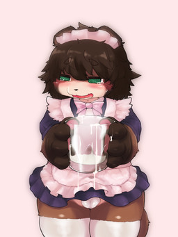 anthro arms_outstretched balls bodily_fluids brown_hair clothed clothing crossdressing cum cum_drip cum_in_a_cup cum_in_container cum_on_hand dripping embarrassed femboy front_view genital_fluids genitals gloves_(marking) green_eyes hair legs_together legwear looking_away maid_uniform male markings no_underwear offering_beverage offering_cum offering_to_viewer open_mouth precum precum_through_clothing simple_background slightly_chubby solo spiral spiral_eyes standing sweat sweatdrop tan_background tears thick_thighs thigh_highs uniform wet wet_clothing young young_anthro young_male kitsunepurin canid canine mammal raccoon_dog tanuki 2019 3:4 hi_res portrait three-quarter_portrait