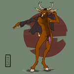 anthro antlers armpit_hair balls black_clothing black_shirt black_topwear body_hair bottomless brown_body brown_fur clothed clothing dressing dressing_up flaccid fur genitals green_background horn humanoid_genitalia humanoid_penis looking_at_viewer male navel penis pose shirt simple_background solo standing tan_body tan_fur topwear unknown_artist deer mammal 1:1 absurd_res digital_drawing_(artwork) digital_media_(artwork) flat_colors full-length_portrait hi_res pinup portrait