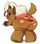 4_fingers ahoge anthro areola back-print_panties barefoot big_breasts big_butt blonde_hair breasts brown_body brown_fur bucket butt candy cellulite clothed clothing container dessert eating face_panties feet female fingers floppy_ears food fur hair hair_over_eye half-closed_eyes halloween_bucket holidays huge_breasts huge_butt jack-o'-lantern_print knock-kneed leaning leaning_forward long_hair narrowed_eyes nipples orange_clothing orange_panties orange_underwear panties panties_only pawpads print_clothing print_panties print_underwear pumpkin_panties simple_background solo tail thick_thighs topless underwear underwear_only white_background wide_hips anaugi halloween mars_incorporated snickers ello_(anaugi) canid canine canis domestic_dog mammal 2024 absurd_res hi_res