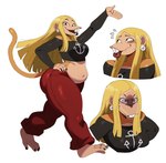 5_fingers alternate_species anthro bare_shoulders barefoot belly_overhang big_breasts blonde_hair breasts buckteeth clothing crop_top ear_piercing emanata feet female fingers freckled_face freckles fur hair huge_hips huge_thighs long_hair looking_at_viewer navel open_mouth piercing prehensile_feet shirt simple_background slightly_chubby solo tail tan_body tan_fur teeth thick_thighs toes tongue tongue_out topwear white_background wide_hips sssonic2 cartoon_network ed_edd_n_eddy may_kanker haplorhine mammal monkey primate 2025 absurd_res hi_res multiple_images