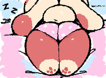 ambiguous_anthro ambiguous_gender anthro bedding bottomwear butt butt_focus chibi clothed clothed_ambiguous clothed_anthro clothing feet hindpaw leg_markings lying markings multicolored_body multicolored_ears on_front panties pattern_bottomwear pattern_clothing pattern_panties pattern_underwear pawpads paws pink_clothing pink_panties pink_underwear polka_dot_panties polka_dots short_tail sleeping socks_(marking) solo sound_effects squigglevision tail tan_body two_tone_body underwear vowelless vowelless_sound_effect zzz ligma_(artist) nintendo pokemon generation_3_pokemon pokemon_(species) spinda 2026 animated digital_media_(artwork) low_res wigglypaint_(artwork) female_(lore)