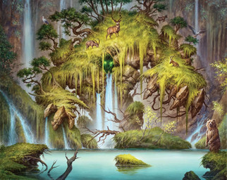 ambiguous_gender beak brown_body brown_fur detailed_background extreme_size_difference feathered_wings feathers feral forest fur glowing glowing_eyes grass grazing group horn lake looking_at_viewer outside plant rock sitting size_difference standing tree water waterfall wings filip_burburan hasbro magic:_the_gathering wizards_of_the_coast animar_(magic:_the_gathering) avian bear bird deer elemental_creature elemental_humanoid humanoid mammal hi_res official_art