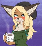 anthro beanie beverage blonde_hair blush bra clothed clothing coffee coffee_mug container cup ear_tuft female hair hat headgear headwear looking_at_viewer simple_background smile solo sweater tongue tongue_out topwear tuft underwear anonymous_artist morgan's_skate_club emma_oakley_(spacedimsum) caracal caracal_(genus) felid feline mammal digital_media_(artwork)