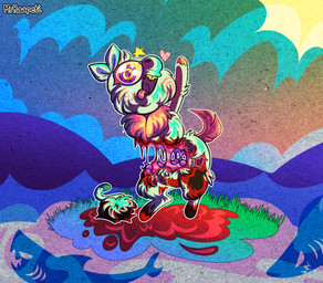ambiguous_feral ambiguous_gender blood blood_puddle bodily_fluids chest_tuft exposed_muscle feral fur gore group hooves melting melting_flesh multicolored_eyes on_hind_legs open_mouth psychedelic purple_eyes severed_body_part severed_limb sky smile solo solo_focus sun tail teal_body teal_fur teeth tongue tongue_out trio tuft water yellow_chest_tuft yellow_hooves yellow_sclera yellow_tail young young_ambiguous young_feral spacefluff fluffy_pony ambient_shark fluffy_pony_(species) mammal 2023 digital_media_(artwork) hi_res shaded