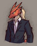 anthro black_clothing black_suit black_topwear blonde_hair blue_eyes cigarette cigarette_in_mouth clothing frown fur grey_background hair long_hair male object_in_mouth ponytail red_body shirt simple_background smoking solo suit tail topwear white_clothing white_topwear white_undershirt advos nintendo pokemon avian bird blaziken generation_3_pokemon pokemon_(species) 4:5 digital_media_(artwork) hi_res