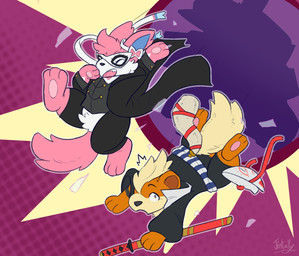 ambiguous_gender autodefenestration black_bottomwear black_clothing black_coat black_nose black_pants black_topwear black_trenchcoat bottomwear bow_(anatomy) breaking_glass broken_glass clothing coat cosplay crossover_cosplay crotch_tuft crotchless_bottomwear crotchless_clothing crotchless_pants duo fake_tail fangs feral fur glass grey_clothing grey_topwear grey_vest head_tuft katana looking_at_another looking_back looking_down looking_down_at_another mask melee_weapon midair mohawk open_mouth orange_body orange_fur pants pattern_background pattern_clothing pink_body pink_fur pink_tail sash simple_background striped_clothing stripes surprise sword tail teeth topwear trenchcoat tuft vest weapon wearing_mask white_body white_fur yellow_body yellow_fur yellow_tail jintally nintendo persona_(series) persona_5 pokemon moon_(mrmoonmoo) pendant_(character) ren_amamiya yusuke_kitagawa eeveelution generation_1_pokemon generation_6_pokemon growlithe pokemon_(species) sylveon 2022 crossover hi_res signature male_(lore)