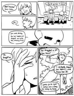 ambiguous_gender anthro bench bone clothed clothing confession dialogue duo male murderer narrowed_eyes night open_mouth plant skeleton solo speech_bubble star text tree newnap undertale undertale_(series) frisk_(undertale) sans_(undertale) animated_skeleton human humanoid mammal monster undead comic english_text hi_res monochrome