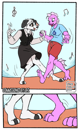 3_toes 5_fingers abstract_background anthro barefoot black_bottomwear black_clothing black_ears black_necktie black_nose black_skirt black_sweater black_sweater_vest black_topwear black_vest blue_clothing blue_shirt blue_t-shirt blue_topwear bottomwear clothing countershade_toes dancing duo feet female female/female fin fingers foot_fetish foot_focus foot_shot fur hand_holding happy heterochromia humanoid_heel looking_down looking_down_at_another musical_note musical_symbol necktie pink_inner_ear plantigrade red_bottomwear red_clothing red_shorts shirt shorts skirt smile smiling_at_another smiling_at_each_other snapping_fingers soles spread_toes sweater sweater_vest symbol t-shirt toes topwear vest white_body white_clothing white_feet white_fur white_shirt white_topwear canisfidelis marsona melinda_drazen aquatic canid canine canis dalmatian domestic_dog fish mammal 2025 absurd_res comic dated hi_res signature