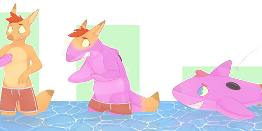 anthro anthro_to_inanimate brown_body brown_fur clothing fur hair inanimate_transformation inflatable_transformation inflation looking_back looking_down male partially_submerged permanent_smile pink_body red_hair solo surprised swimming_trunks swimwear tail transformation water fauvfox fauv_(fauvfox) canid canine fish fox mammal marine shark 2021 absurd_res digital_media_(artwork) hi_res sequence