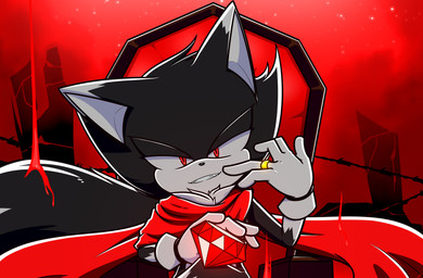anthro bigtail black_white_fur chair chaos_emerald chest_fur clothing fluffy fluffy_tail furniture gem gloves handwear male male_anthro red_background red_eyes ring_(jewelry) scarf simple_background smile smiling_at_viewer smirk smirking_at_viewer solo tail throne xxkenthewolfxx sega sonic_the_hedgehog_(series) fan_character kenthewolf canid canine canis mammal wolf absurd_res hi_res