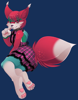 anthro backless_dress biped black_nose claws clothed clothing collar countershade_face countershade_fur countershading digitigrade dipstick_tail dress ear_tuft eyebrows feet female fluffy fluffy_tail fur gloves_(marking) green_body green_eyes green_fur grey_body grey_fur hair hindpaw inner_ear_fluff leg_markings looking_aside markings multicolored_body multicolored_fur pattern_clothing pawpads paws plaid plaid_clothing red_body red_fur red_hair red_inner_ear_fluff short_hair socks_(marking) solo spiked_collar spikes tail tail_markings toe_claws tuft white_body white_countershading white_fur white_markings b-ern canid canine fox mammal 2026 alpha_channel hi_res