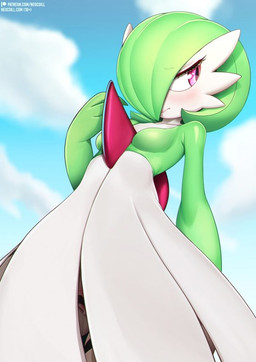 blue_sky blush breasts clothing cloud dress eyelashes female genitals hair hair_over_eye looking_away low-angle_view not_furry one_eye_obstructed pink_eyes pussy_peek sky small_breasts solo tape text vulva white_body white_skin neocoill nintendo pokemon gardevoir generation_3_pokemon humanoid pokemon_(species) artist_name unavailable_at_source