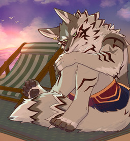 anthro beach blush bottomwear brown_body brown_fur clothing ear_piercing evening feet fur green_eyes hindpaw looking_at_viewer male outside pawpads paws piercing sitting solo stripes sunset tail water scareia lifewonders tokyo_afterschool_summoners seth_(tas) canid canine canis jackal mammal 2026 hi_res