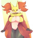 anthro big_breasts breasts featureless_crotch female fur red_body red_fur smile solo thick_thighs wide_hips yellow_body yellow_fur gikoko gikowinko nintendo pokemon canid delphox generation_6_pokemon mammal pokemon_(species) absurd_res hi_res