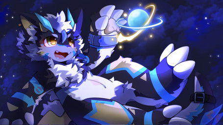 4_claws anthro biped black_body black_fur blue_body blue_fur blush blush_lines chest_tuft claws fangs fluffy fluffy_tail fur glowing inner_ear_fluff kemono male multicolored_body multicolored_fur navel neck_tuft night open_mouth pawpads paws sky skyscape solo tail teeth tuft white_body white_fur yellow_eyes hlg7777 mythology dragon mythological_creature mythological_scalie scalie 16:9 2025 chinese_description cool_colors digital_drawing_(artwork) digital_media_(artwork) hi_res shaded translated_description wallpaper widescreen