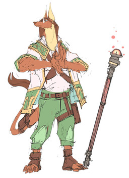 anthro backpack belt bottomwear brown_body brown_fur brown_hair clothing eyewear footwear fur glasses green_bottomwear green_clothing green_eyes green_pants hair male pants pointy_ears prick_ears shirt simple_background solo staff tail tan_body tan_fur toeless_footwear topwear white_background white_clothing white_shirt white_topwear adam_bryce_thomas drogune foren_(drogune) aje canid mammal 2023 colored_sketch hi_res sketch