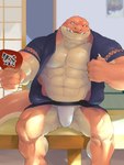 anthro asian_clothing barazoku clothing countershading detailed_background east_asian_clothing fundoshi humanoid_hands japanese_clothing jinbei_(clothing) kemono male muscular muscular_male sitting solo underwear white_clothing white_fundoshi white_underwear fug@9 dragon_quest dragon_quest:_the_adventure_of_dai square_enix crocodine crocodile crocodilian reptile scalie 2022 3:4 hi_res