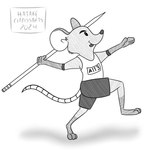 anthro easter_egg holidays javelin_(weapon) male rodentia solo throwing hatakeclarissarts disney easter inktober olympics zootopia mammal mouse murid murine rodent 1:1 2024 digital_drawing_(artwork) digital_media_(artwork) hi_res monochrome