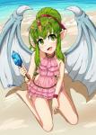 2018 5_fingers accessory animal_humanoid beach bent_arm bent_legs blush bracelet clothed clothing crown cute_fangs day digital_media_(artwork) dragon_wings extended_arm fangs female fingers fire_emblem food frilly frilly_clothing frilly_swimwear green_eyes green_hair hair hair_accessory hair_ribbon headgear hi_res humanoid humanoid_pointy_ears jewelry kneeling layered_clothing layered_swimwear long_hair mammal manakete membrane_(anatomy) membranous_wings nintendo obake obakeart one-piece_swimsuit open_mouth pink_clothing pink_swimwear ponytail popsicle red_ribbon ribbons sand seaside sitting solo swimwear teeth tiara tied_hair tiki_(fire_emblem) tongue water wings wristband young