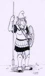 anthro armor boob_armor breastplate clothed clothing female greaves greek headgear helmet holding_melee_weapon holding_object holding_shield holding_sword holding_weapon melee_weapon polearm round_shield shield simple_background solo spear standing sword weapon white_background rabbi-tom red_shetland equid equine horse mammal 2017 monochrome