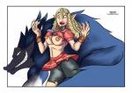 big_breasts blonde_hair blue_body blue_fur bottomwear breasts camel_toe canid canine canis clothed clothing clothing_lift comic curled_hair drill_curls duo erect_nipples female fur grin hair human locofuria male mammal mythological_canine mythological_creature mythology navel nipples open_mouth scarf silverbulletproof simple_background skirt skirt_lift smile teeth torn_clothing transformation were werecanid werecanine werewolf white_background white_body white_fur wolf yellow_eyes