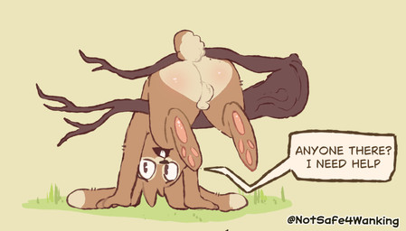 anthro balls butt fur genitals hair looking_at_viewer male nude nude_male paws penis simple_background small_balls small_penis solo stuck stuck_in_tree tail text notsafeforwanking canid canine lagomorph leporid mammal rabbit digital_media_(artwork) english_text hi_res
