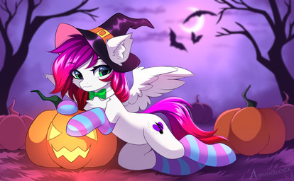bat_wings bow_tie clothing cloud crescent_moon cutie_mark female feral flying food fruit green_eyes group hat headgear headwear heart_symbol holidays jack-o'-lantern leg_stockings light looking_at_viewer membrane_(anatomy) membranous_wings moon moonlight musical_note musical_symbol night plant pumpkin spread_wings symbol wings witch_hat airiniblock halloween hasbro my_little_pony mythology bat equid equine mammal mythological_creature mythological_equine pegasus hi_res
