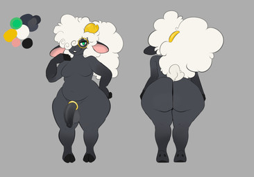 accessory anthro balls big_balls big_butt black_body black_penis butt cock_ring eyewear femboy fluffy fluffy_tail genitals glans glasses green_eyes horn humanoid_genitalia humanoid_penis jewelry male moobs penis penis_accessory penis_jewelry solo tail wide_hips wool_hair yellow_horn anonymous_artist bovid caprine mammal sheep hi_res model_sheet
