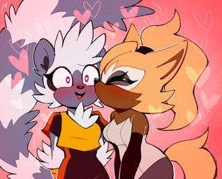 affectionate anthro black_bottomwear black_clothing black_pants blushing_profusely bottomwear breasts brown_body brown_fur brown_tail clothed clothed_anthro clothed_female clothing constricted_pupils daww duo eyelashes eyes_closed female female/female flirting fluffy fluffy_body fluffy_fur fluffy_tail flustered flustered_female fully_clothed fully_clothed_anthro fully_clothed_female fur fur_tuft grey_body grey_fur hair hands_behind_back happy heart_background heart_eyes heart_symbol intimate kissing kissing_cheek long_tail love markings pants passionate peaceful piercing pink_background ponytail pupils purple_eyes ring_piercing romantic romantic_ambiance romantic_couple shaking simple_background small_pupils standing striped_markings striped_tail stripes swaying tail tail_markings trembling tuft bongwater777 idw_publishing sega sonic_the_hedgehog_(comics) sonic_the_hedgehog_(idw) sonic_the_hedgehog_(series) tangle_the_lemur whisper_the_wolf canid canine canis lemur mammal primate strepsirrhine wolf 2020 digital_drawing_(artwork) digital_media_(artwork) hi_res