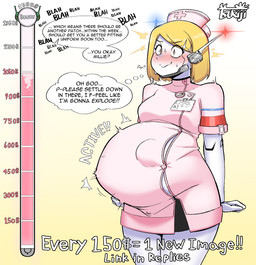 blush bodily_fluids breasts clothing donation_drive female fetal_movement machine not_furry nurse nurse_clothing pregnant solo sweat tsukiji millie_(tsukiji) android humanoid robot hi_res