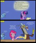 dialogue female group horn letter loose_feather male quill teeth text strebiskunk friendship_is_magic hasbro my_little_pony mythology discord_(mlp) pinkie_pie_(mlp) trixie_(mlp) twilight_sparkle_(mlp) chimera draconequus equid equine horse mammal mythological_creature mythological_equine pony unicorn 2018 english_text hi_res