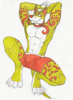 abs anthro bottomwear bulge claws clothed clothing front_view fur green_body green_fur green_tail looking_aside male male_anthro markings mouth_closed muscular muscular_anthro muscular_male pecs red_bottomwear red_clothing red_eyes red_markings red_nose simple_background solo spread_legs spreading tail toe_claws topless white_background white_body white_claws white_fur hufnaar canid canine mammal hi_res sketch traditional_media_(artwork)