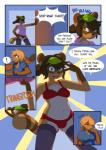 anthro bra bulge canid canine clothed clothing comic dialogue digital_media_(artwork) duo english_text exclamation_point female gynomorph hair hi_res inside intersex kiro_(tits) lagomorph leporid mammal navel panties procyonid question_mark rabbit raccoon raccoon_dog shortwings slightly_chubby smile tanuki teeth text trans_(lore) trans_woman_(lore) trials_in_tainted_space underwear