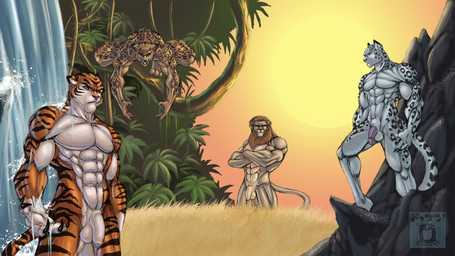abs anthro balls barefoot belly biceps big_penis black_claws black_spots black_stripes casual_nudity claws crossed_arms crouching digitigrade feet flaccid foreskin forest frown fur genitals glans grass green_eyes group humanoid_genitalia humanoid_penis jungle long_foreskin looking_at_viewer male markings multicolored_body multicolored_fur muscular muscular_male nude orange_body orange_fur outside paws pecs penis pink_penis plant pose rock sky social_nudity spots spotted_body spotted_fur spotted_markings spotted_tail standing striped_body striped_fur striped_markings striped_tail stripes sun tail tail_markings tan_balls tan_body tan_fur tan_penis teeth tree unretracted_foreskin water waterfall wet white_balls white_belly white_body white_fur white_penis wood yellow_body yellow_fur dossun posse felid leopard lion mammal pantherine snow_leopard tiger 16:9 wallpaper widescreen