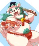 anthro asian_clothing bell belly blush bulge clothing east_asian_clothing fundoshi fur japanese_clothing male moobs navel nipples overweight solo underwear white_body white_fur young yukino_kouta asian_mythology east_asian_mythology japanese_mythology lifewonders mythology tokyo_afterschool_summoners agyo_(tas) foo_dog komainu mammal yokai