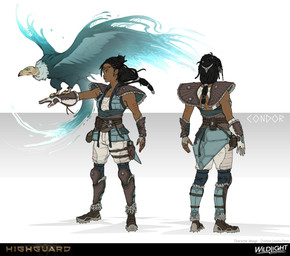 3_toes accessory ambiguous_feral ambiguous_gender arm_tattoo armor beak beak_closed black_eyes black_hair blue_body blue_clothing blue_feathers blue_sash blue_tail blue_topwear blue_vest bottomwear breasts brown_body brown_clothing brown_eyebrows brown_footwear brown_lips brown_shoes brown_skin cleavage closed_frown clothed clothed_female clothed_human clothing company_name dreadlocks duo empty_eyes eyebrows feathered_wings feathers feet female female_human feral footwear frown fully_clothed fully_clothed_female fully_clothed_human gauntlets gloves greaves grey_talons gun_holster hair hair_accessory handwear head_accessory larger_female larger_feral lips long_hair magic mouth_closed multicolored_body multicolored_feathers multiple_poses neck_tattoo not_furry_focus pants pauldron perching pose shoes simple_background size_difference smaller_ambiguous smaller_feral spread_wings standing tail talons tan_beak tan_head tattoo teal_sclera text three-quarter_view title toes topwear two_tone_body two_tone_feathers two_tone_wings vest white_bottomwear white_clothing white_gloves white_handwear white_pants wings cristina_lavina_ferez highguard_(game) aria_(highguard) condor_(highguard) accipitriform avian bird human mammal vulture 2026 absurd_res artist_name character_name concept_art digital_drawing_(artwork) digital_media_(artwork) english_description english_text flat_colors hi_res official_art female_(lore)
