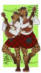 anthro claws clothing duo ezukapizumu female fur ghillie_shirt gnoll gnollbard hi_res hyena jacobite_shirt kilt lute male mammal mandolin markings music musical_instrument pawpads paws plucked_string_instrument scottish shirt simple_background singing sporran spots spotted_body spotted_fur spotted_hyena standing string_instrument topwear tunic