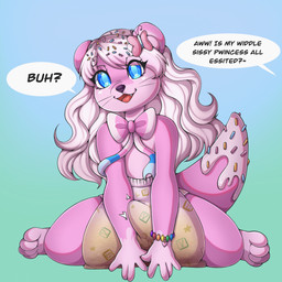 abdl accessory ageplay anthro blue_eyes bodily_fluids bow_ribbon bracelet clothed clothing dialogue diaper erection erection_in_diaper feces femboy fur genital_fluids hair_accessory jewelry male pink_body pink_fur roleplay sitting sitting_on_ground soiling solo speech_bubble sprinkles sprinkles_in_hair sprinkles_on_tail unclean_diaper urine used_diaper using_diaper wearing_diaper wet_diaper sweety_(artist) bambino_diapers katiepup mammal mustelid otter river_otter 1:1 absurd_res hi_res