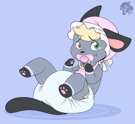 ambiguous_gender anthro bib black_body black_ears black_fur black_nose black_tail blonde_hair blue_background blush blush_lines bodily_fluids bonnet bow_ribbon clean_diaper clothed clothing crying diaper embarrassed fur gloves_(marking) grey_body grey_fur hair headgear headwear heterochromia leg_markings logo markings multicolored_body multicolored_fur pacifier pawpads pink_bib pink_bonnet pink_inner_ear pink_pawpads simple_background sitting socks_(marking) solo tail tears wearing_diaper white_diaper bubblepuppers animal_crossing nintendo raymond_(animal_crossing) domestic_cat felid feline felis mammal archived_source artist_logo hi_res source_request male_(lore)