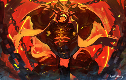 2_horns 4_fingers anthro arm_spikes barazoku big_muscles black_bottomwear black_clothing black_loincloth black_sclera bottomwear bound chain chained claws clothed clothing countershade_torso countershading cuff_(restraint) demonic ear_piercing elbow_spikes finger_claws fingers fish_tail hands_above_head head_horn horn huge_muscles lava lava_skin loincloth loincloth_only male metal_chain muscular muscular_male nipple_piercing nipples obliques open_mouth piercing red_body red_skin restraints shackles solo spikes spikes_(anatomy) teeth text tongue tongue_out topless vein veiny_muscles yellow_eyes goofyahdragons fish marine shark 2025 artist_name digital_drawing_(artwork) digital_media_(artwork) hi_res portrait three-quarter_portrait