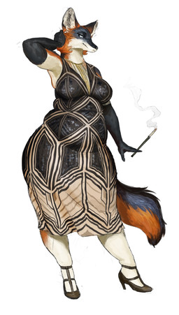 anthro armwear cigarette cigarette_holder clothing dress ear_piercing elbow_gloves female footwear gloves handwear high_heels holding_object overweight overweight_anthro overweight_female piercing pose shoes simple_background slightly_chubby solo standing white_background cettus ilona_spruyterveldt canid canine fox mammal hi_res