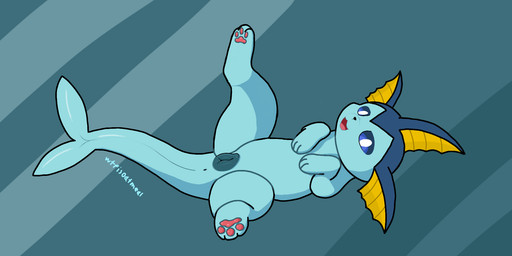 3_toes animal_genitalia animal_vulva anus black_nose blue_body blue_eyes canine_genitalia canine_vulva feet female feral fish_tail genitals long_tail looking_at_viewer lying on_back pawpads paws presenting red_pawpads simple_background smile solo spread_legs spreading tail tail_anus toes vulva whatthefuckisoatmeal nintendo pokemon eeveelution generation_1_pokemon pokemon_(species) vaporeon 2:1 cel_shading hi_res shaded