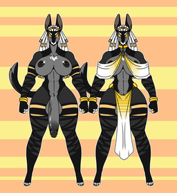 abs anthro balls biceps big_penis biped black_nipples breasts clothing dreadlocks egyptian flaccid genitals gynomorph intersex looking_at_viewer muscular muscular_anthro muscular_gynomorph muscular_intersex nipple_piercing nipples nude off/on penis piercing solo vein demonnyuu anubian_jackal canid canine canis jackal mammal hi_res model_sheet