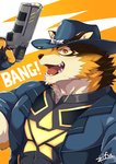 anthro clothing countershading hat headgear headwear kemono male muscular muscular_anthro muscular_male simple_background solo spandex superhero tight_clothing uniform weapon zifu lifewonders live_a_hero barrel_(live_a_hero) canid canine canis mammal wolf 2020 hi_res